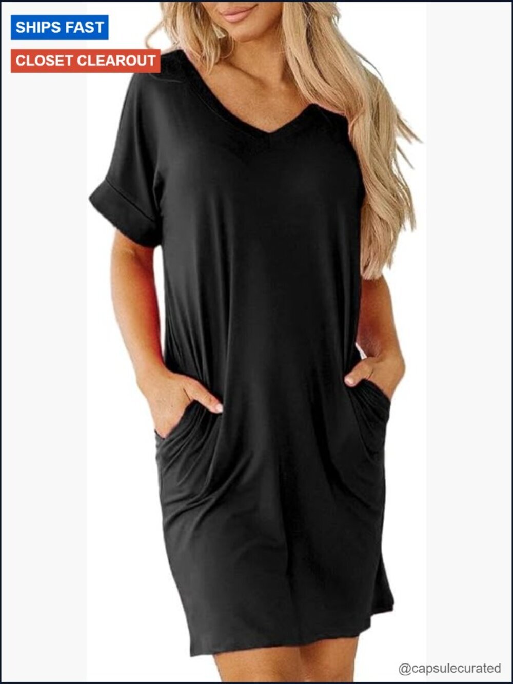 Short Sleeve V Neck Loose Swing Casual Dress with Pockets Knee Length